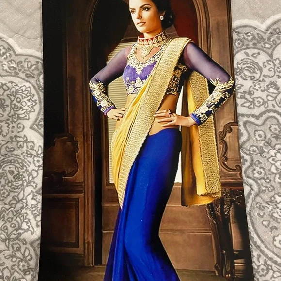 New Dark purple golden beige shaded net saree. - Picture 4 of 14